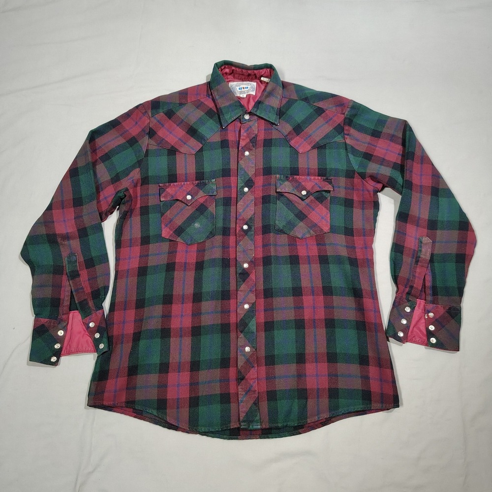 VINTAGE ATB Western Shirt Red Green Plaid Western Snap Acrylic Cowboy